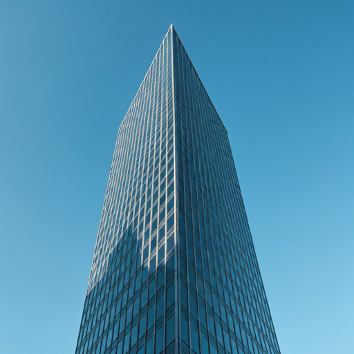 Monolithic modern glass skyscraper reflecting a clear blue sky.